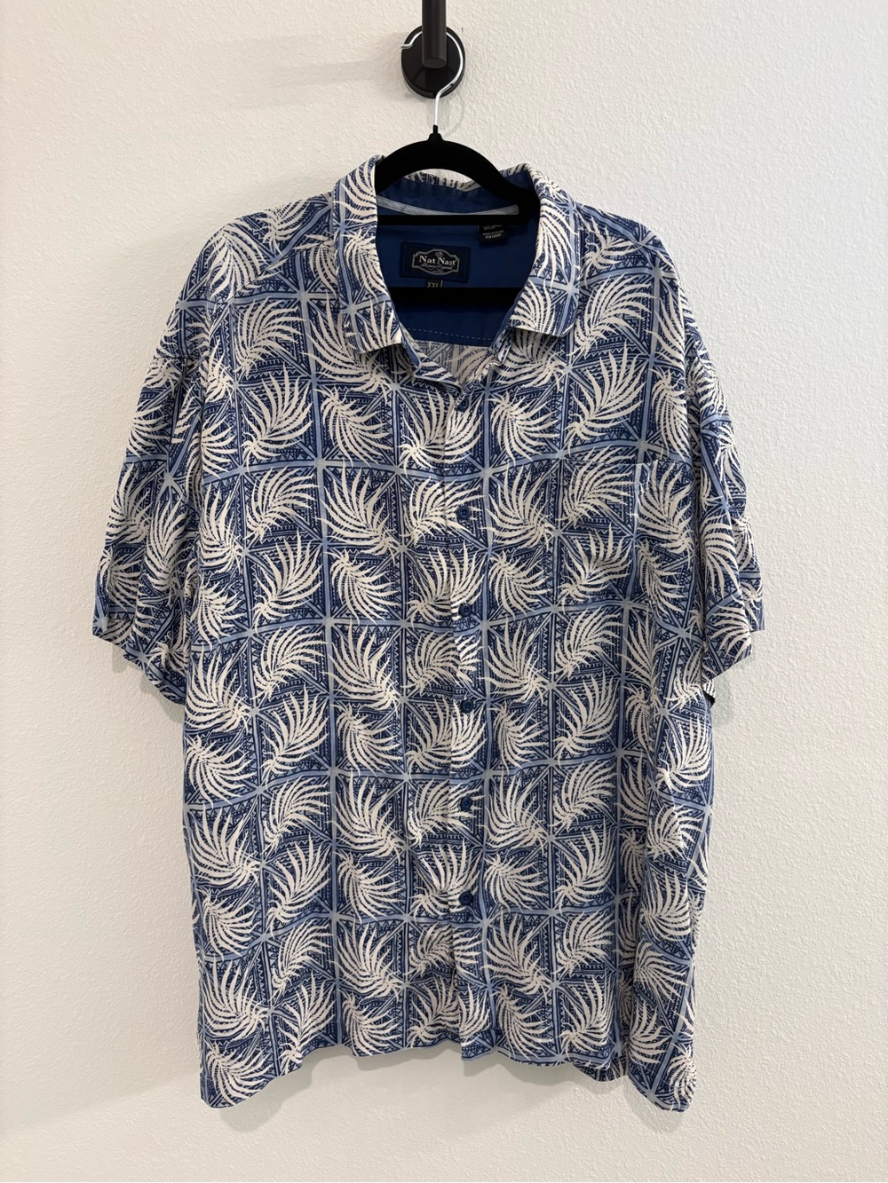 Silk & Cotton Nat Nast Blue & White Palm-Print Short-Sleeve Button-Down Shirt